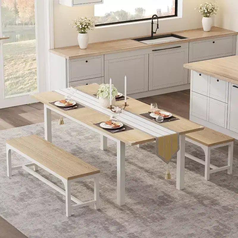 63 Large Extendable Dining Table Kitchen Table for 6-8, with Sturdy Metal Frame, Saving Space for Kitchen, Dining Room, Apartment