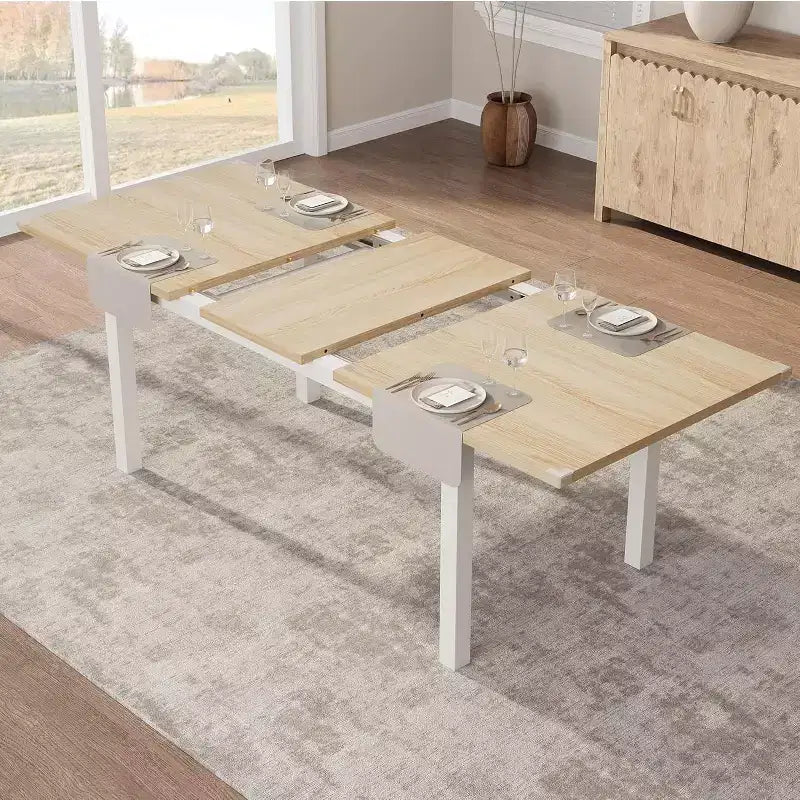 63 Large Extendable Dining Table Kitchen Table for 6-8, with Sturdy Metal Frame, Saving Space for Kitchen, Dining Room, Apartment