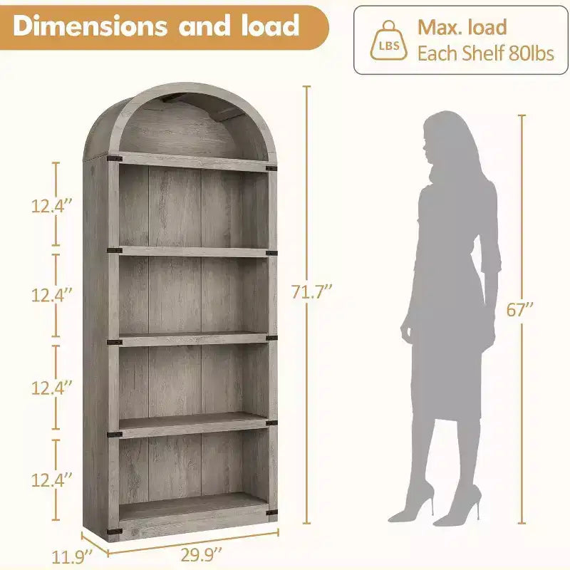 71 Tall 5-Tier Arched Bookcase with Large Storage Space, Mid-Century Modern Style Bookshelf for Living Room, Bedroom & Home Office