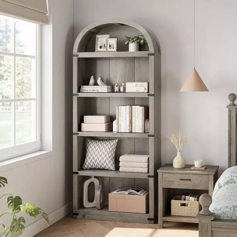 71 Tall 5-Tier Arched Bookcase with Large Storage Space, Mid-Century Modern Style Bookshelf for Living Room, Bedroom & Home Office
