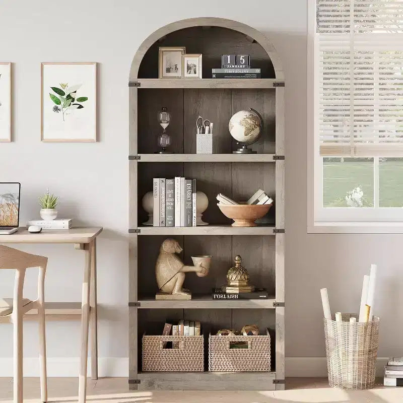 71 Tall 5-Tier Arched Bookcase with Large Storage Space, Mid-Century Modern Style Bookshelf for Living Room, Bedroom & Home Office