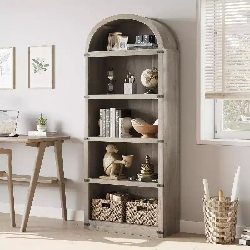 71 Tall 5-Tier Arched Bookcase with Large Storage Space, Mid-Century Modern Style Bookshelf for Living Room, Bedroom & Home Office