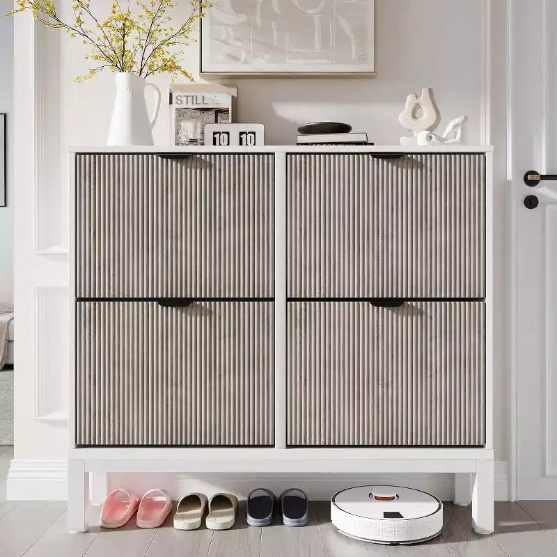 COZONY Fluted Shoe Cabinet with Flip Drawers, Modern Narrow Storage Organizer for Entryway, Freestanding Farmhouse Shoe Rack for Front Door