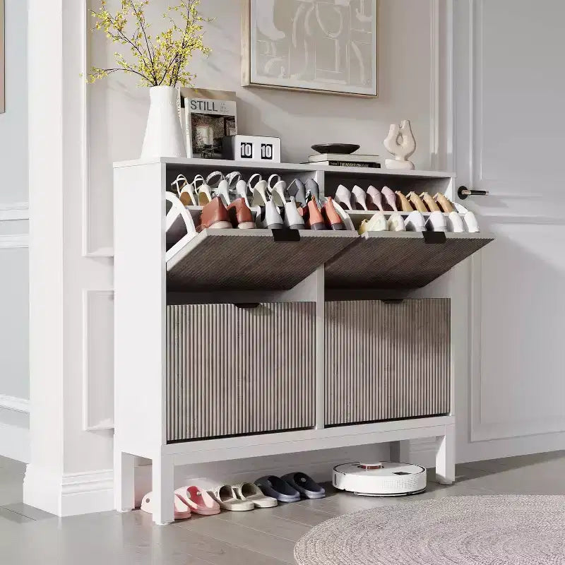 COZONY Fluted Shoe Cabinet with Flip Drawers, Modern Narrow Storage Organizer for Entryway, Freestanding Farmhouse Shoe Rack for Front Door