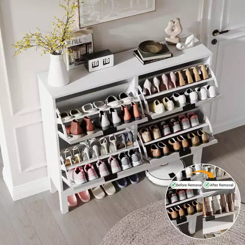 COZONY Fluted Shoe Cabinet with Flip Drawers, Modern Narrow Storage Organizer for Entryway, Freestanding Farmhouse Shoe Rack for Front Door