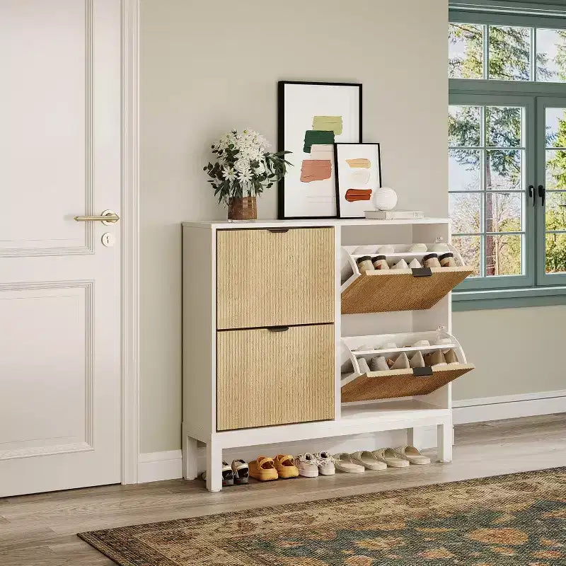 COZONY Fluted Shoe Cabinet with Flip Drawers, Modern Narrow Storage Organizer for Entryway, Freestanding Farmhouse Shoe Rack for Front Door