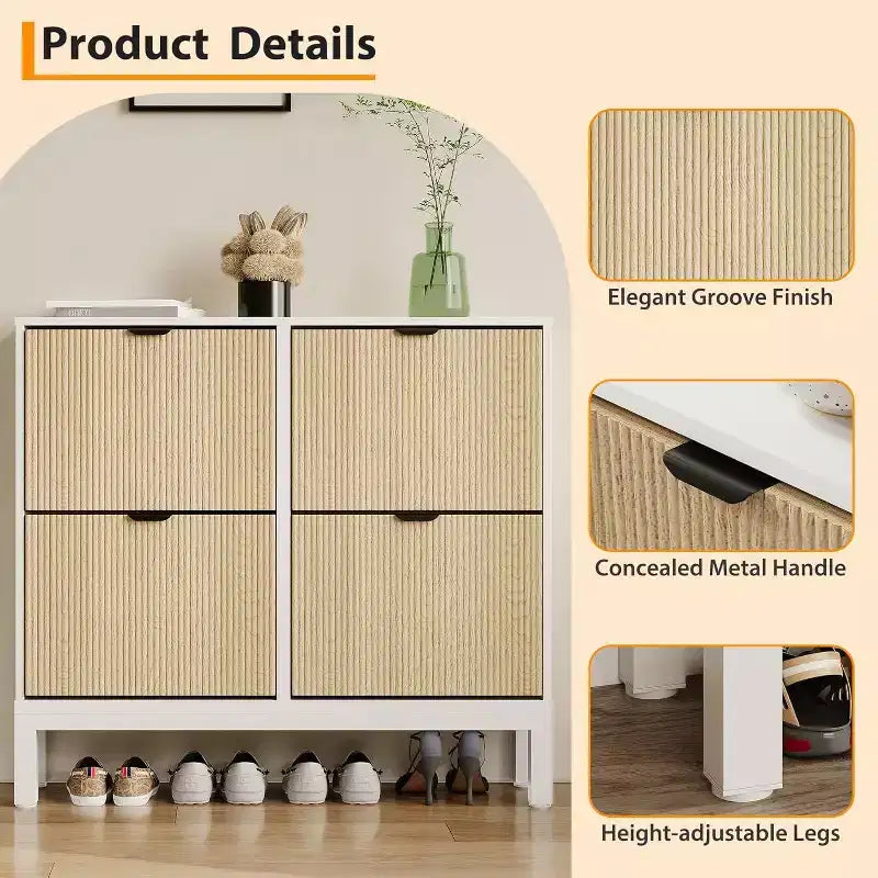 COZONY Fluted Shoe Cabinet with Flip Drawers, Modern Narrow Storage Organizer for Entryway, Freestanding Farmhouse Shoe Rack for Front Door