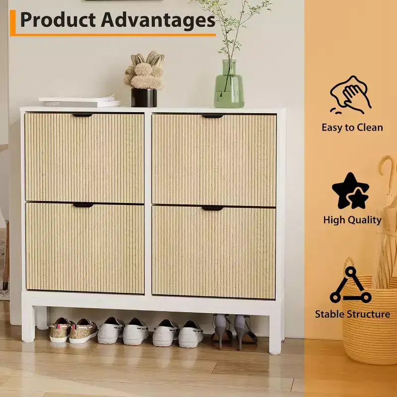 COZONY Fluted Shoe Cabinet with Flip Drawers, Modern Narrow Storage Organizer for Entryway, Freestanding Farmhouse Shoe Rack for Front Door
