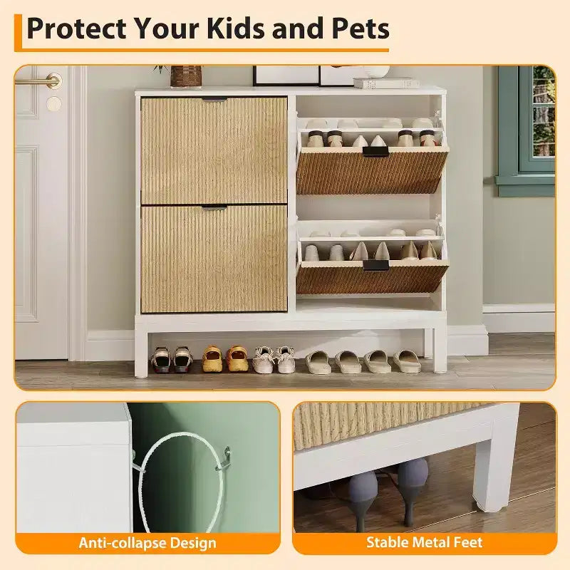 COZONY Fluted Shoe Cabinet with Flip Drawers, Modern Narrow Storage Organizer for Entryway, Freestanding Farmhouse Shoe Rack for Front Door