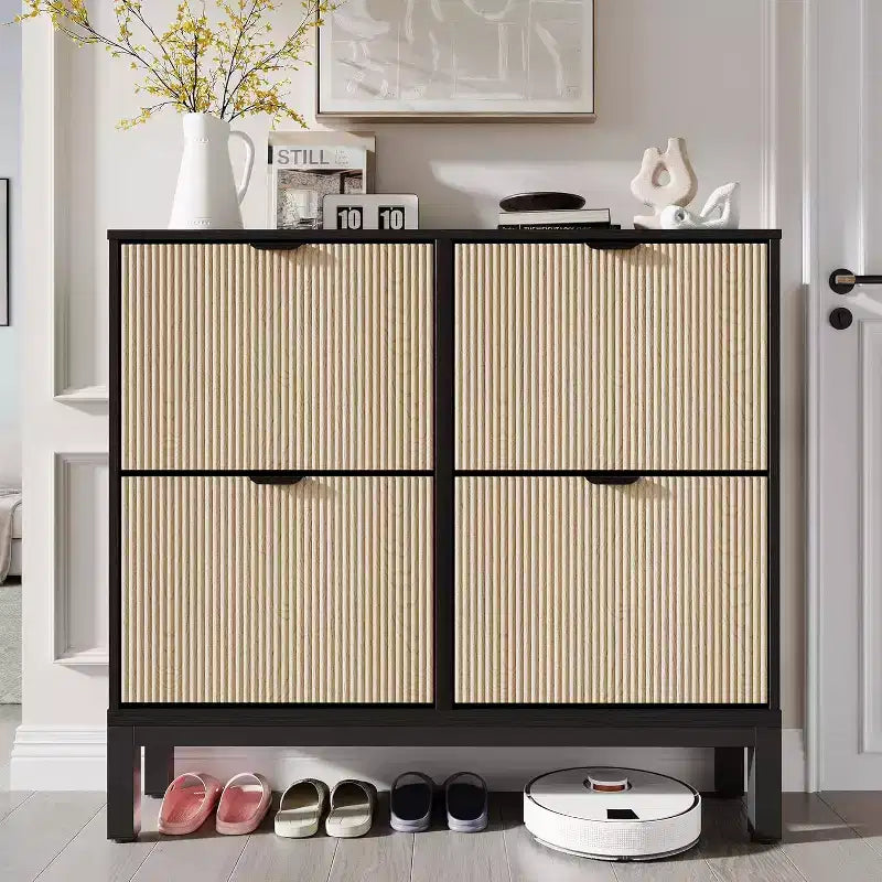 COZONY Fluted Shoe Cabinet with Flip Drawers, Modern Narrow Storage Organizer for Entryway, Freestanding Farmhouse Shoe Rack for Front Door