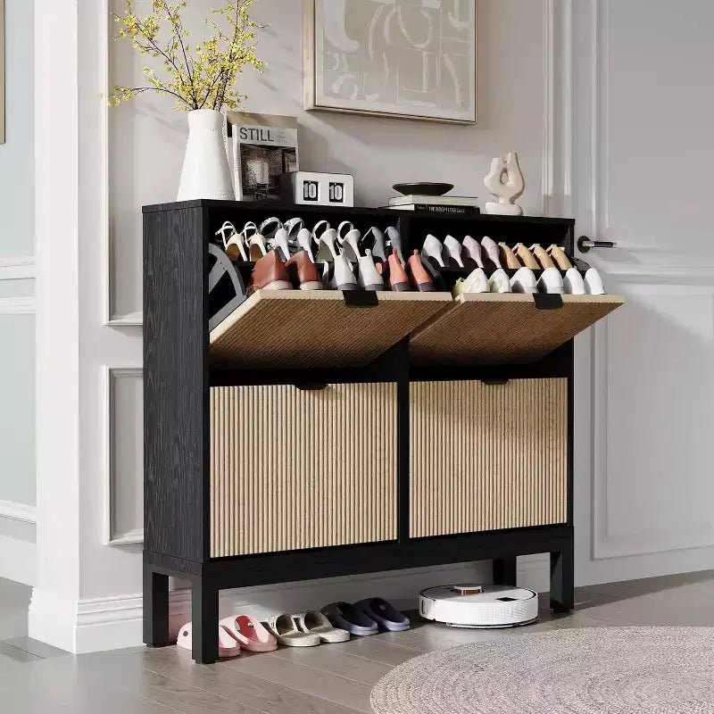 COZONY Fluted Shoe Cabinet with Flip Drawers, Modern Narrow Storage Organizer for Entryway, Freestanding Farmhouse Shoe Rack for Front Door