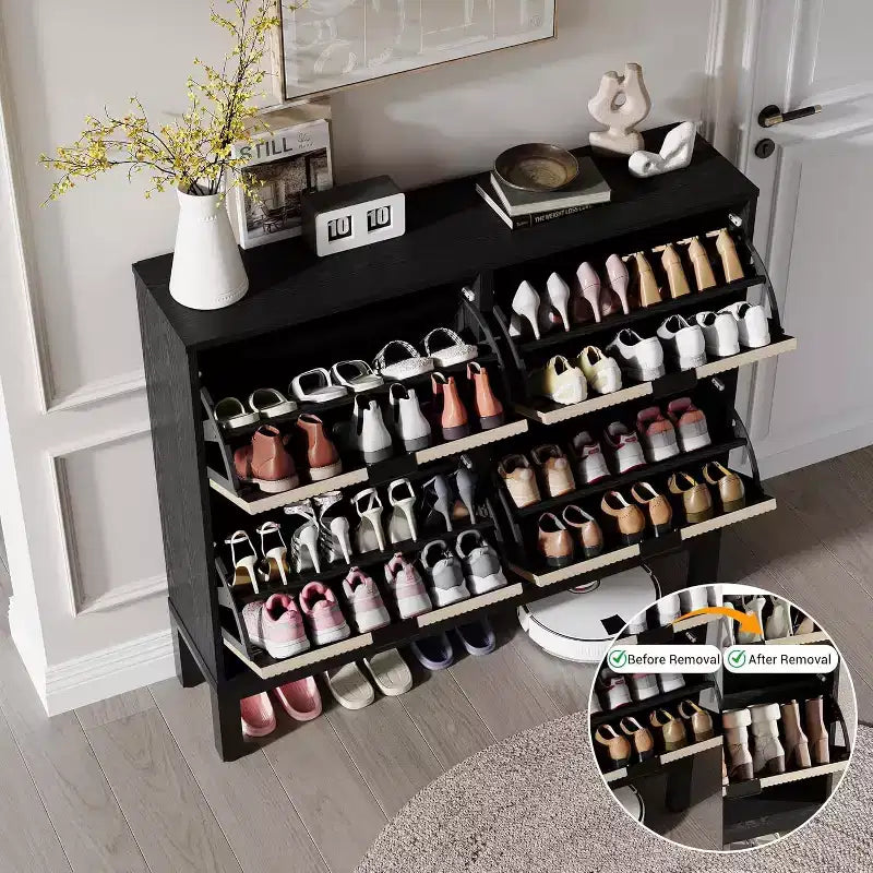 COZONY Fluted Shoe Cabinet with Flip Drawers, Modern Narrow Storage Organizer for Entryway, Freestanding Farmhouse Shoe Rack for Front Door