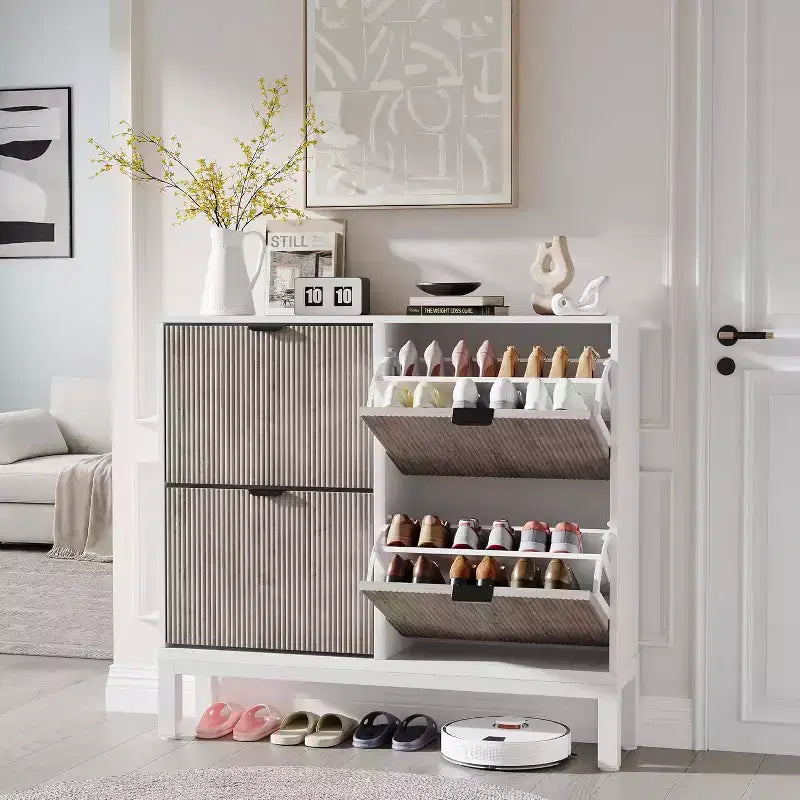 COZONY Fluted Shoe Cabinet with Flip Drawers, Modern Narrow Storage Organizer for Entryway, Freestanding Farmhouse Shoe Rack for Front Door