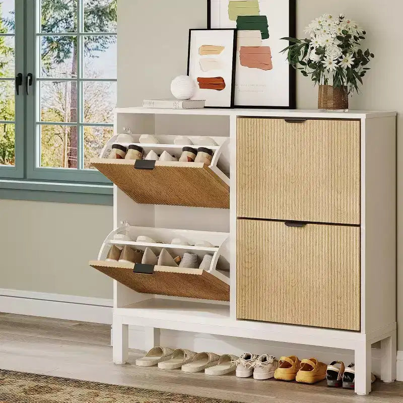 COZONY Fluted Shoe Cabinet with Flip Drawers, Modern Narrow Storage Organizer for Entryway, Freestanding Farmhouse Shoe Rack for Front Door