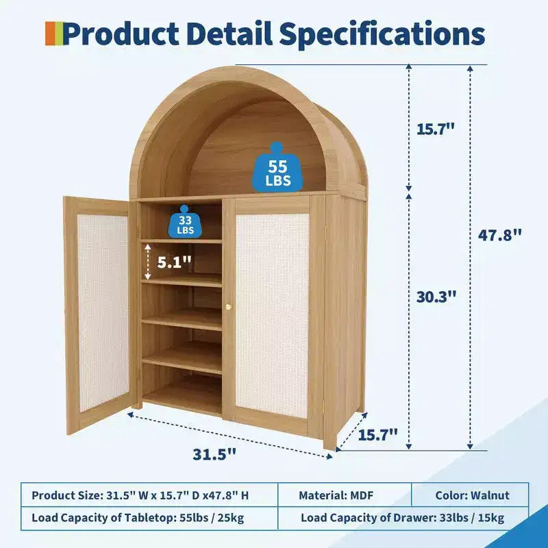 Coolmee 5 Tier Arched Shoe Storage Cabinet with Rattan Doors, Freestanding Shoe Rack with Adjustable Shelves for Entryway, Hallway, Living Room