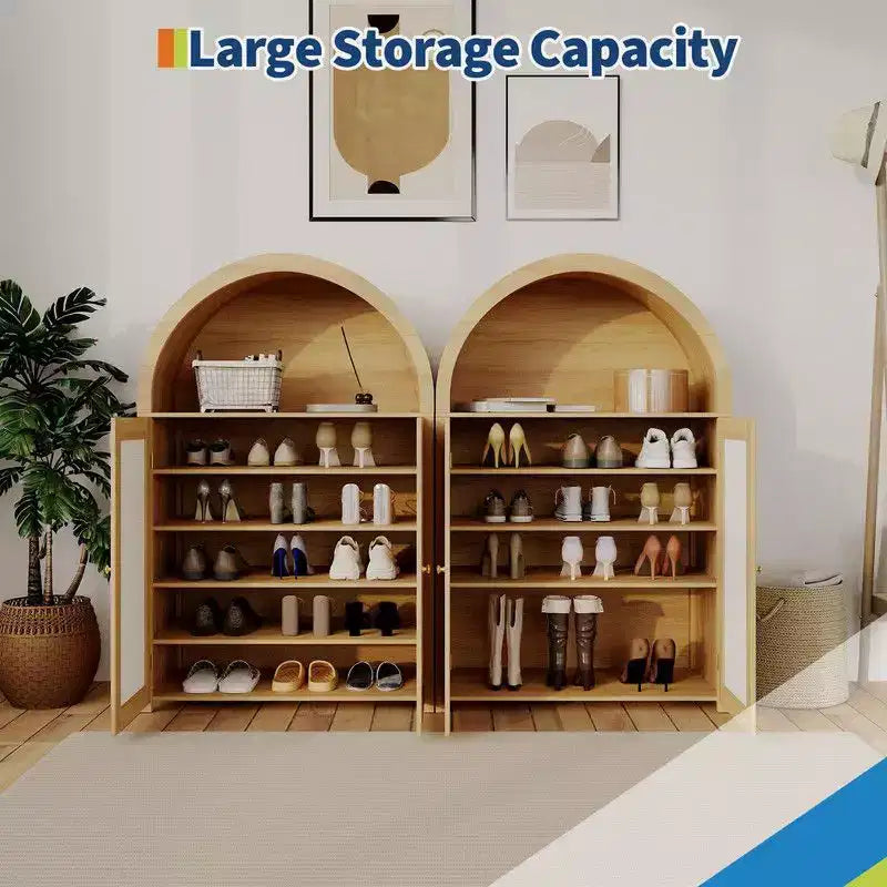 Coolmee 5 Tier Arched Shoe Storage Cabinet with Rattan Doors, Freestanding Shoe Rack with Adjustable Shelves for Entryway, Hallway, Living Room