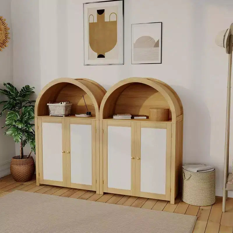 Coolmee 5 Tier Arched Shoe Storage Cabinet with Rattan Doors, Freestanding Shoe Rack with Adjustable Shelves for Entryway, Hallway, Living Room