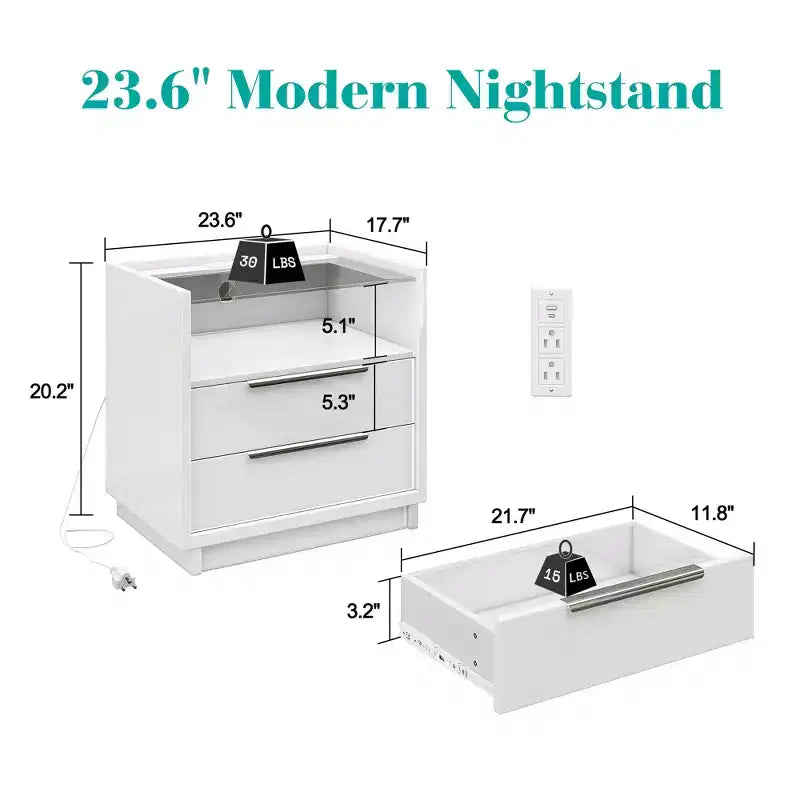 AMERLIFE 23.6 High Gloss Nightstand with Glass Tabletop, Modern Bedside Table with Charging Station