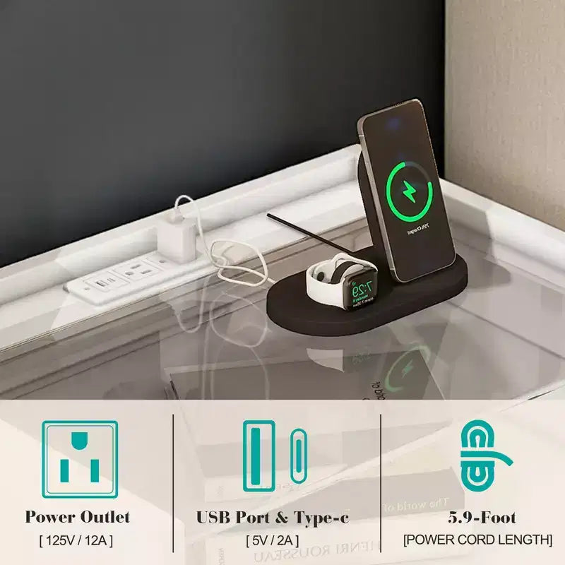 AMERLIFE 23.6 High Gloss Nightstand with Glass Tabletop, Modern Bedside Table with Charging Station