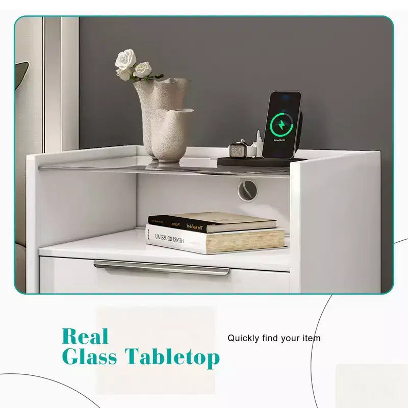 AMERLIFE 23.6 High Gloss Nightstand with Glass Tabletop, Modern Bedside Table with Charging Station