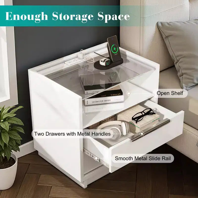 AMERLIFE 23.6 High Gloss Nightstand with Glass Tabletop, Modern Bedside Table with Charging Station