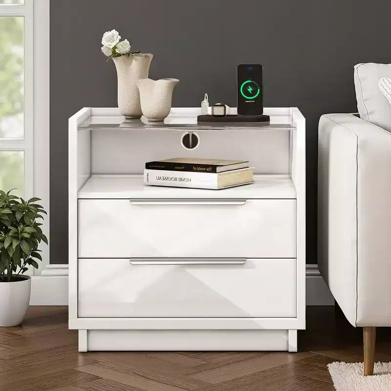 AMERLIFE 23.6 High Gloss Nightstand with Glass Tabletop, Modern Bedside Table with Charging Station