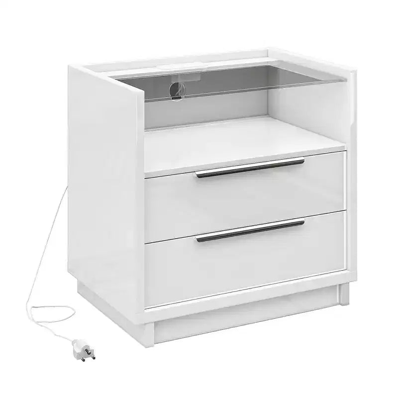 AMERLIFE 23.6 High Gloss Nightstand with Glass Tabletop, Modern Bedside Table with Charging Station