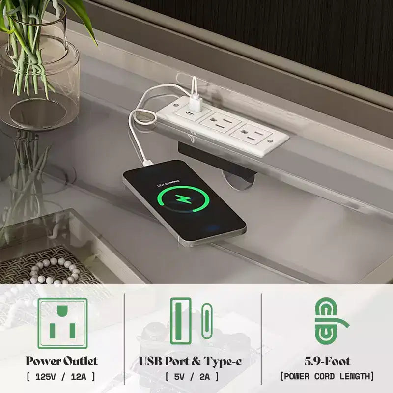 AMERLIFE 23.6 High Gloss Nightstand with Glass Tabletop, Modern Bedside Table with Charging Station