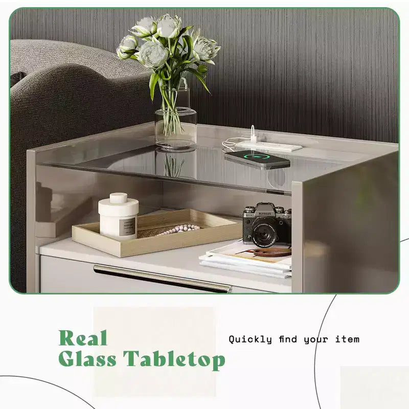 AMERLIFE 23.6 High Gloss Nightstand with Glass Tabletop, Modern Bedside Table with Charging Station