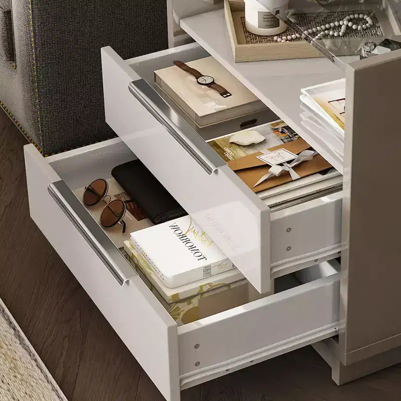 AMERLIFE 23.6 High Gloss Nightstand with Glass Tabletop, Modern Bedside Table with Charging Station