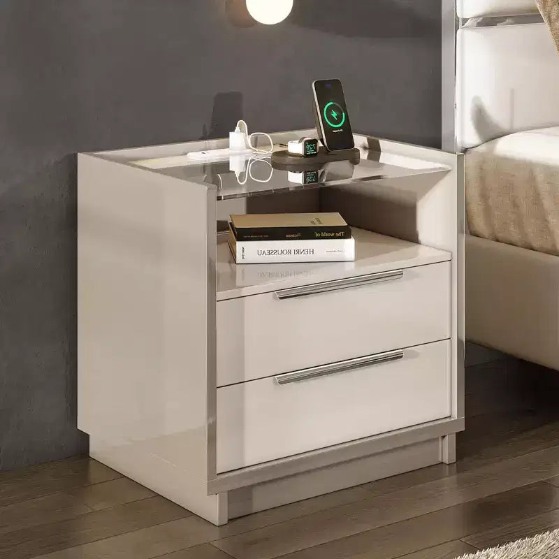 AMERLIFE 23.6 High Gloss Nightstand with Glass Tabletop, Modern Bedside Table with Charging Station
