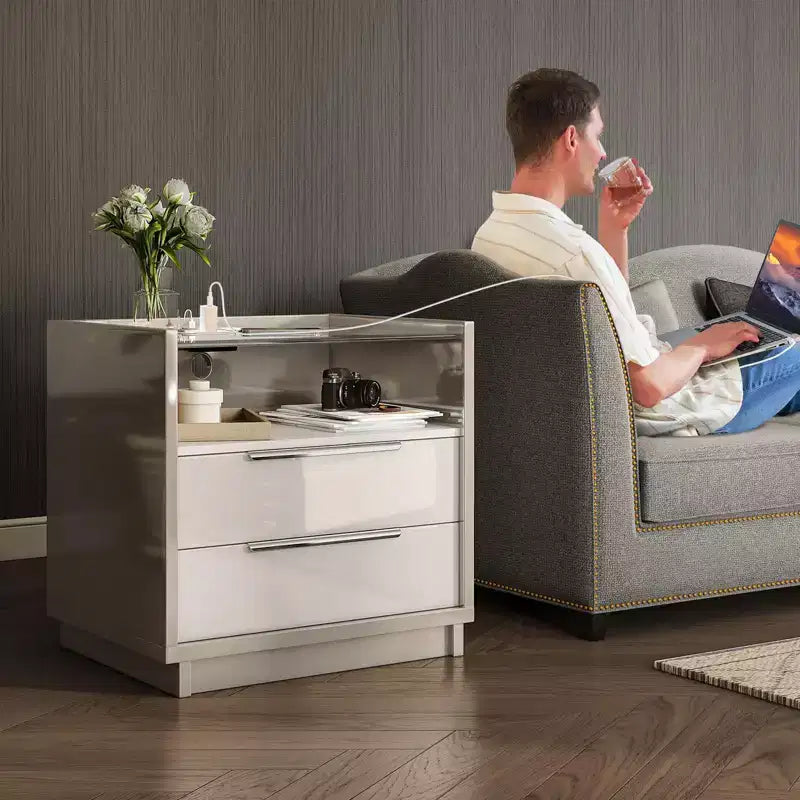 AMERLIFE 23.6 High Gloss Nightstand with Glass Tabletop, Modern Bedside Table with Charging Station