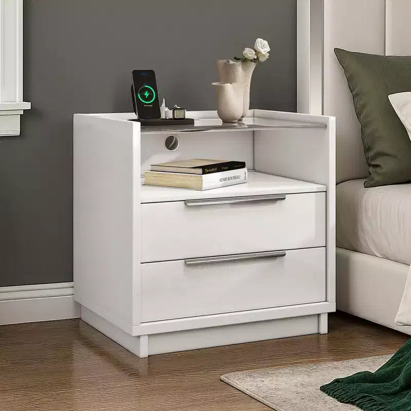 AMERLIFE 23.6 High Gloss Nightstand with Glass Tabletop, Modern Bedside Table with Charging Station