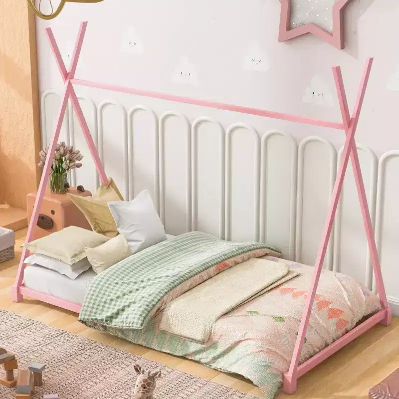 Bellemave Floor Bed Twin Size for Kids, Metal Montessori Floor Bed for Kids Tent Bed with Slats, Pink