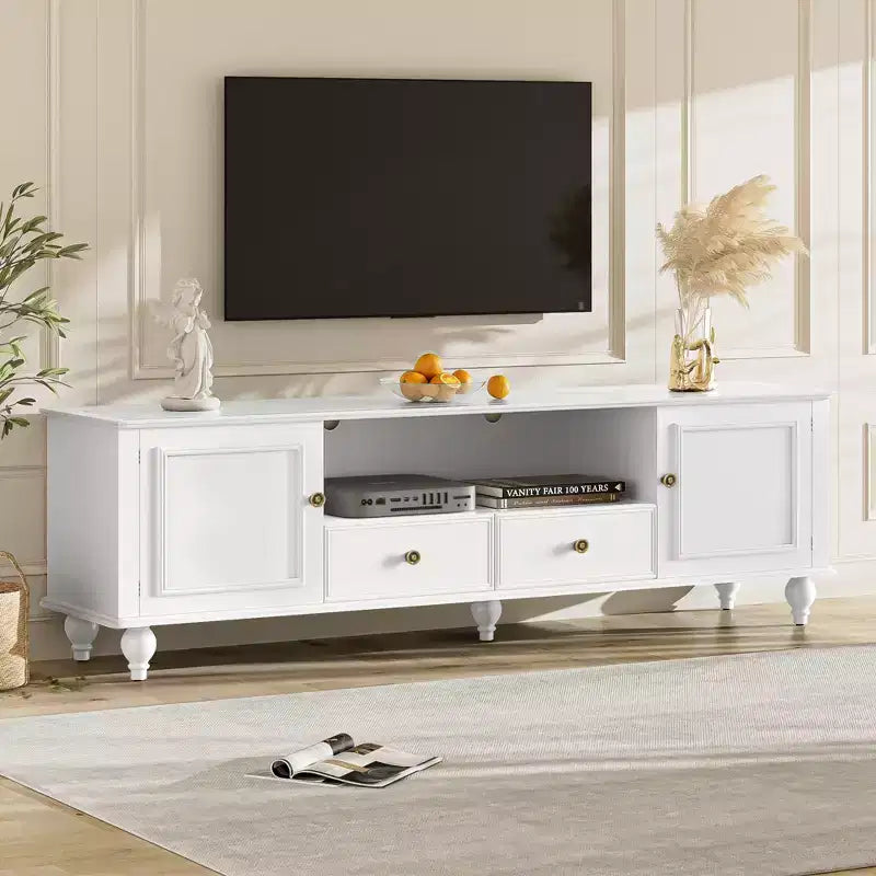 JVNOXK 70.9-inch Modern TV Stand, suitable for TVs under 80 inches. This entertainment center features open shelving and two drawers, forliving room