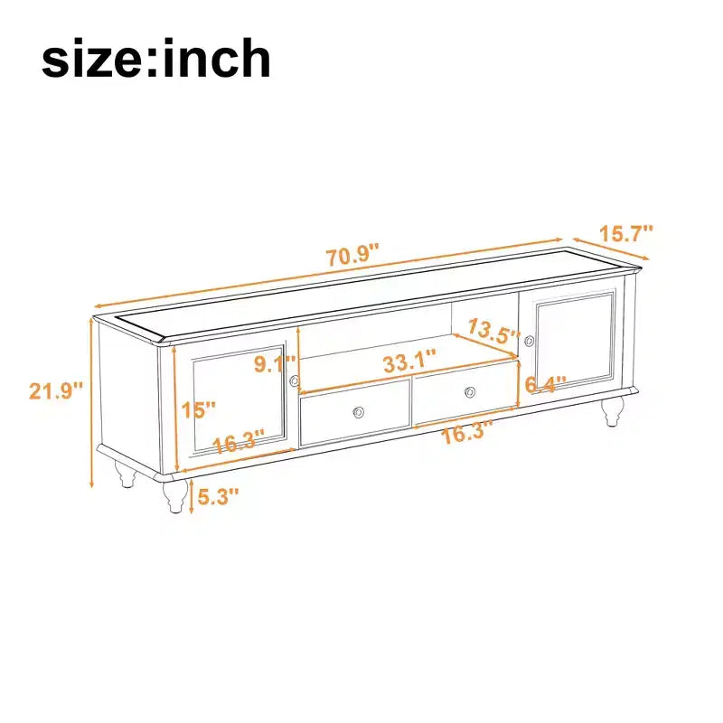 JVNOXK 70.9-inch Modern TV Stand, suitable for TVs under 80 inches. This entertainment center features open shelving and two drawers, forliving room