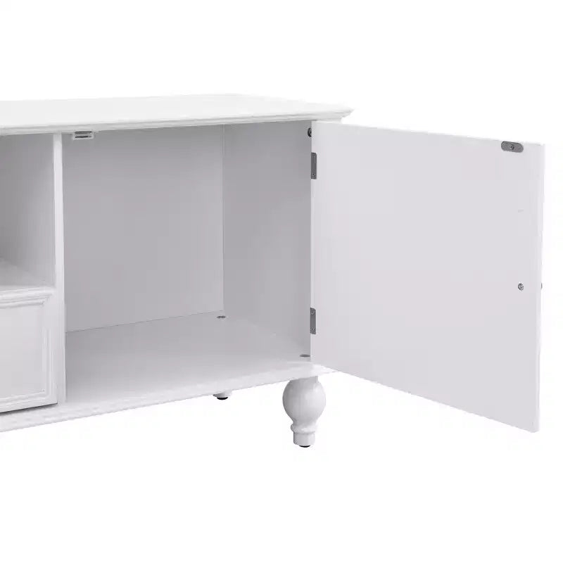 JVNOXK 70.9-inch Modern TV Stand, suitable for TVs under 80 inches. This entertainment center features open shelving and two drawers, forliving room