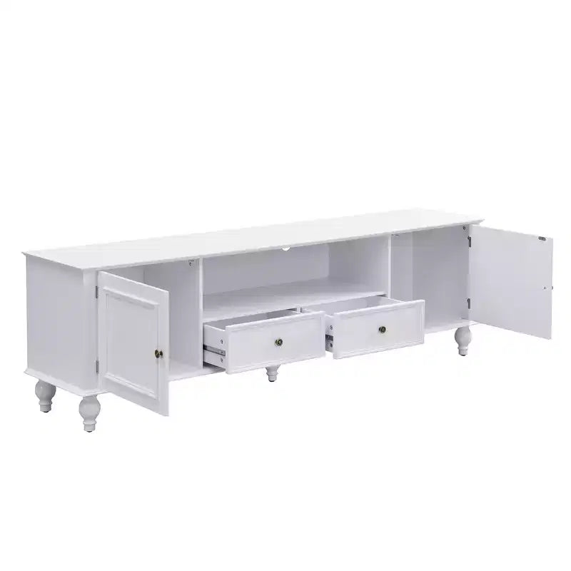 JVNOXK 70.9-inch Modern TV Stand, suitable for TVs under 80 inches. This entertainment center features open shelving and two drawers, forliving room
