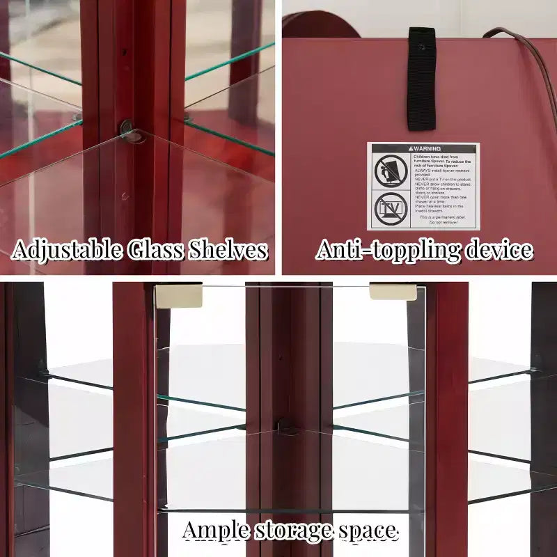 Corner Glass Display Cabinet with Light, Carved Decoration, and Adjustable Shelves for Bar or Wine Storage