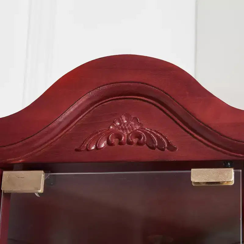 Corner Glass Display Cabinet with Light, Carved Decoration, and Adjustable Shelves for Bar or Wine Storage
