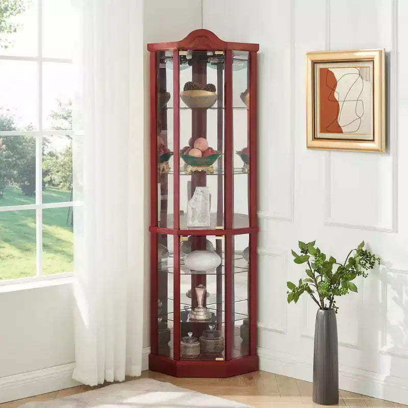 Corner Glass Display Cabinet with Light, Carved Decoration, and Adjustable Shelves for Bar or Wine Storage