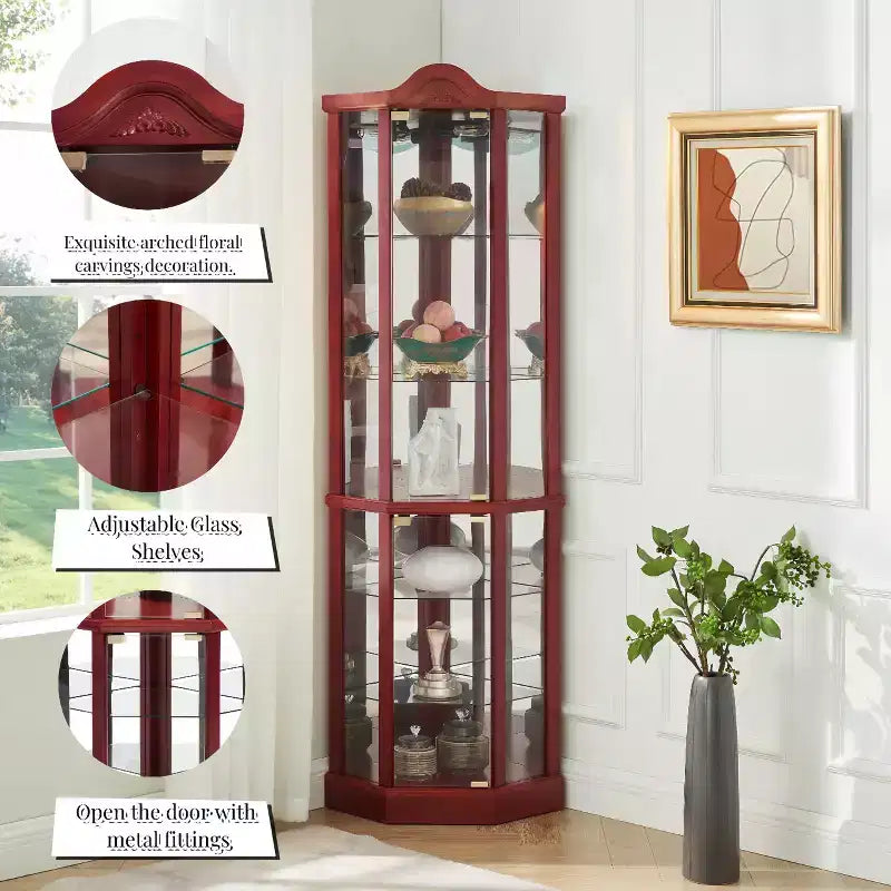 Corner Glass Display Cabinet with Light, Carved Decoration, and Adjustable Shelves for Bar or Wine Storage