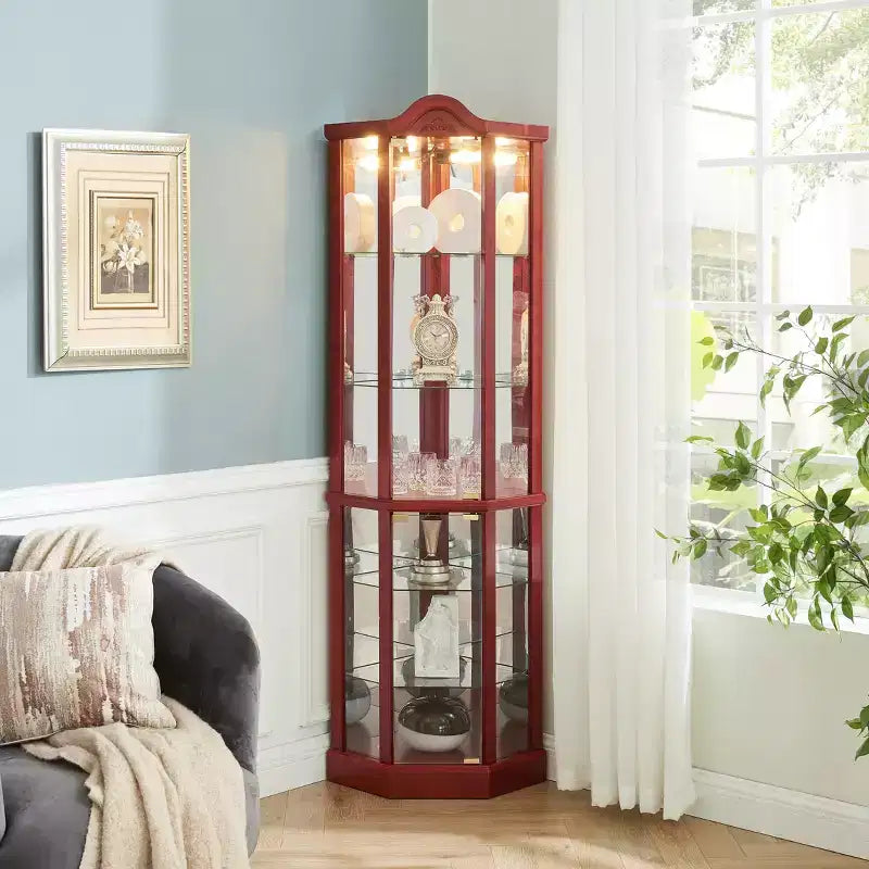 Corner Glass Display Cabinet with Light, Carved Decoration, and Adjustable Shelves for Bar or Wine Storage