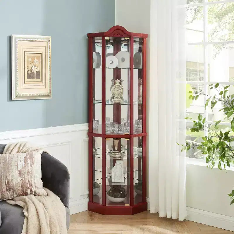 Corner Glass Display Cabinet with Light, Carved Decoration, and Adjustable Shelves for Bar or Wine Storage