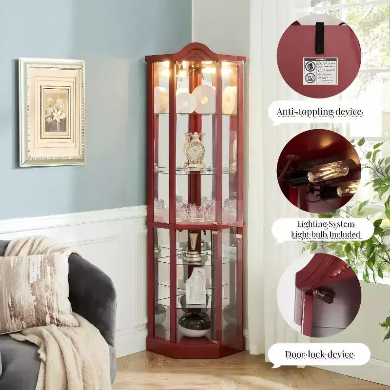 Corner Glass Display Cabinet with Light, Carved Decoration, and Adjustable Shelves for Bar or Wine Storage