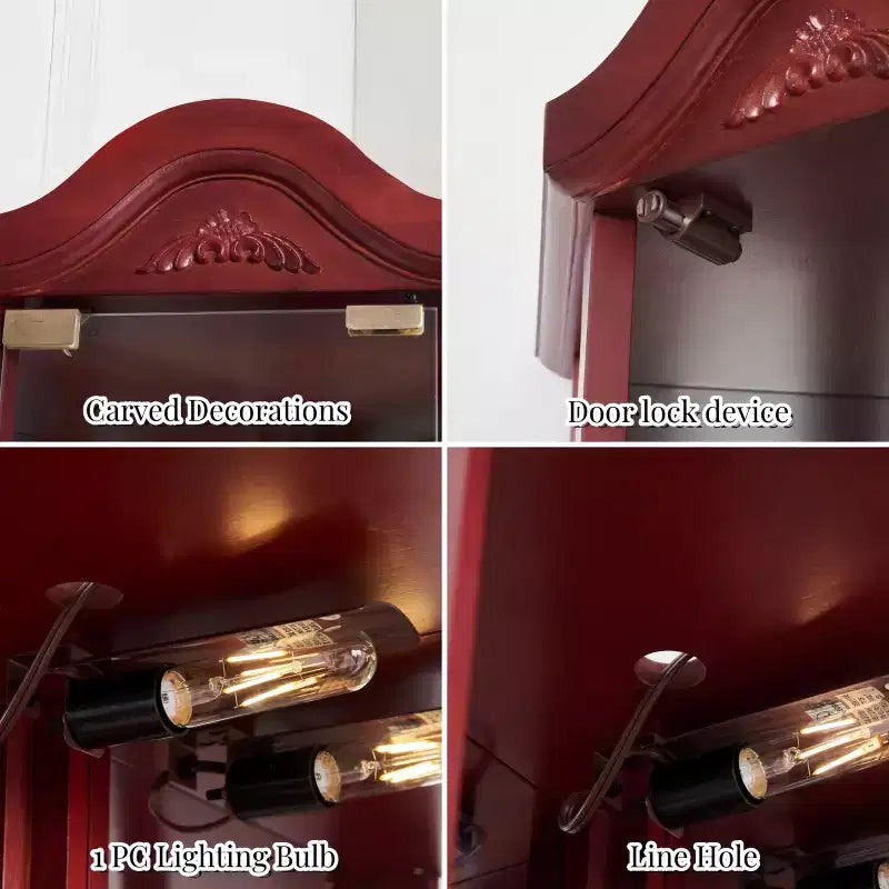 Corner Glass Display Cabinet with Light, Carved Decoration, and Adjustable Shelves for Bar or Wine Storage