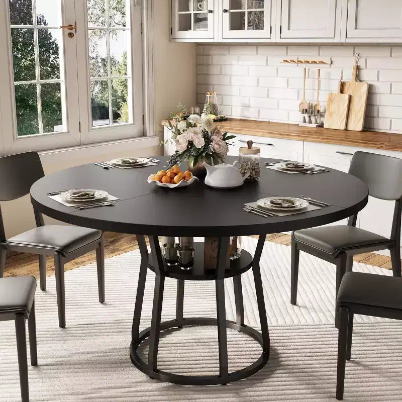 47 Inch Round Dining Table, Farmhouse Dining Room Circle Dinner Table, Metal Legs, for Kitchen, Living Room, Dining Room