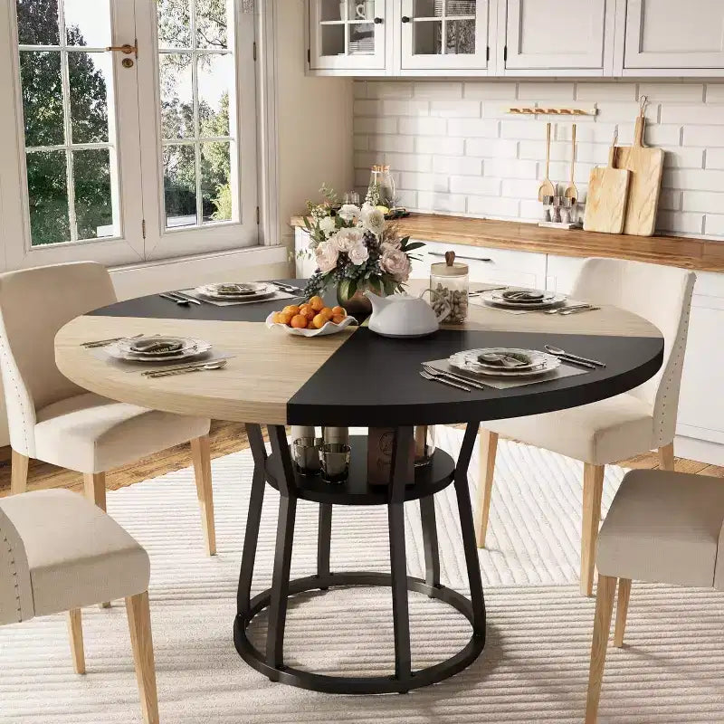 47 Inch Round Dining Table, Farmhouse Dining Room Circle Dinner Table, Metal Legs, for Kitchen, Living Room, Dining Room