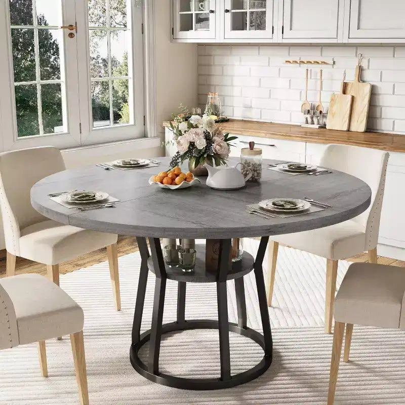 47 Inch Round Dining Table, Farmhouse Dining Room Circle Dinner Table, Metal Legs, for Kitchen, Living Room, Dining Room