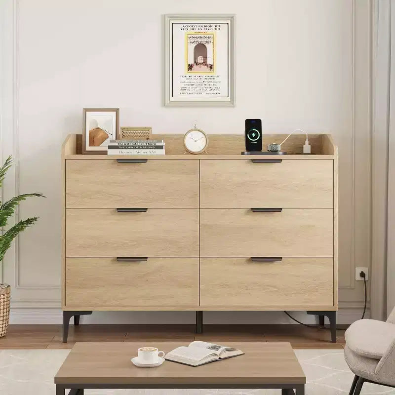 Modern 6-Drawer Wooden Dresser, Wide Closet Storage Chest - Freestanding Tall Vertical Organizer with Adjustable Feet